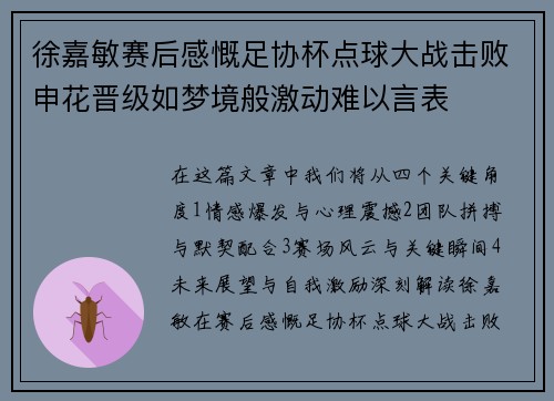 徐嘉敏赛后感慨足协杯点球大战击败申花晋级如梦境般激动难以言表
